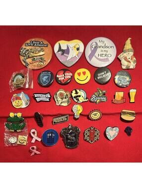 Mixed Lot of 31 Vintage & Modern Enamel Pins & Buttons - Pop Culture, Novelty